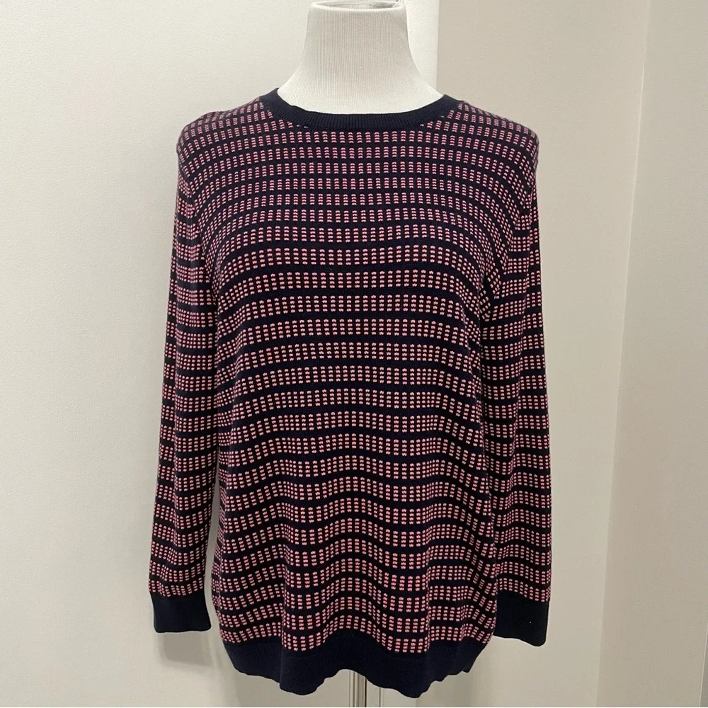 J. Crew Textured Crewneck Knit Sweater Navy & Pink 3/4 Length Sleeve Size XL